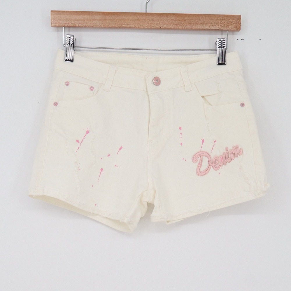 Doumanlong Denim Shorts Womens 31 Distressed Paint Splatter Cream Pink Good